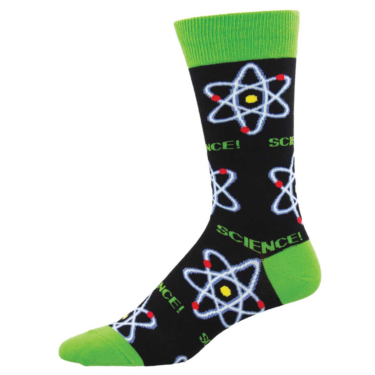 A pair of men's novelty cotton socks featuring a black background with green cuffs and a pattern of atomic structures and the word 'SCIENCE!' in green and white.