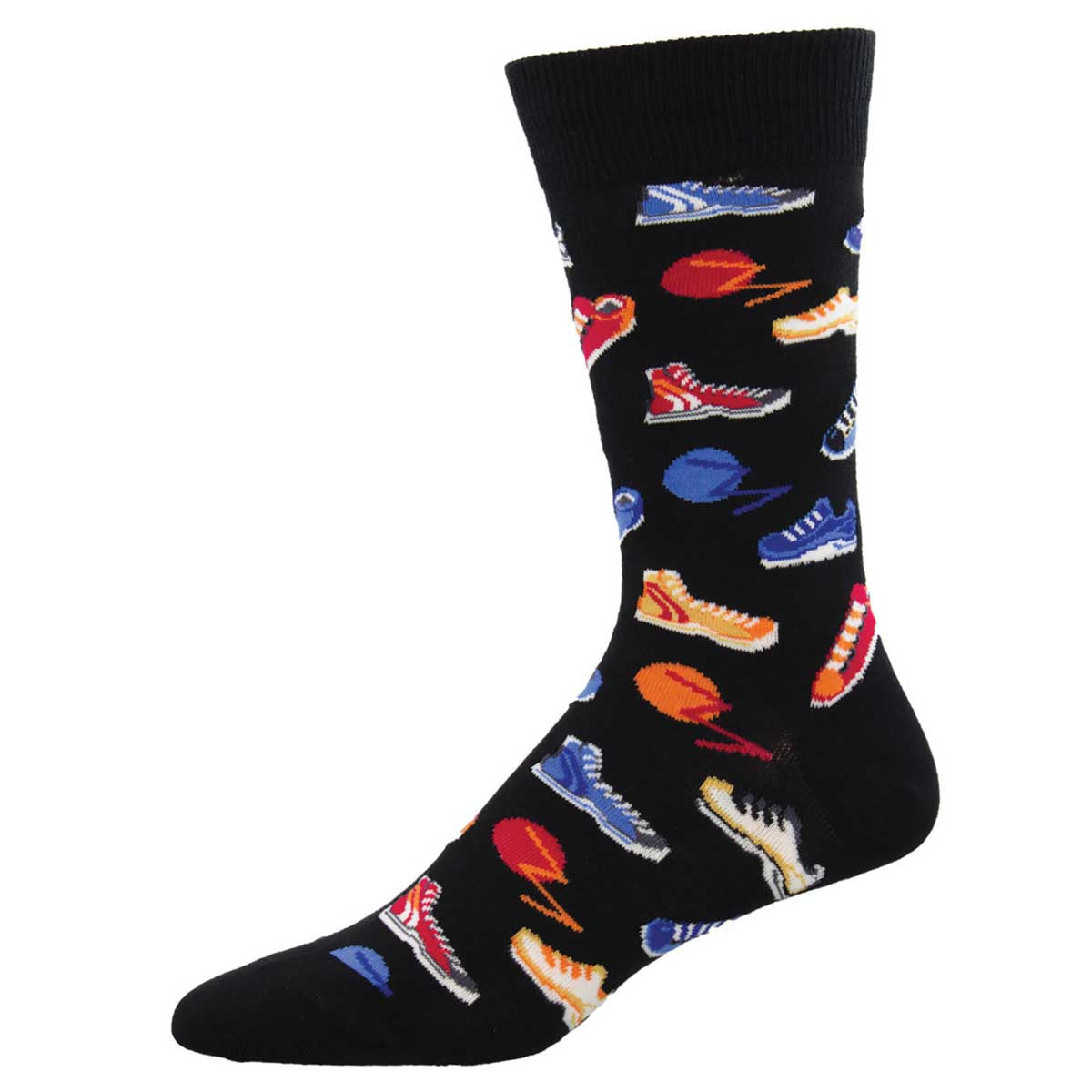 A pair of black crew socks with a pattern of various sneakers in colorful designs.