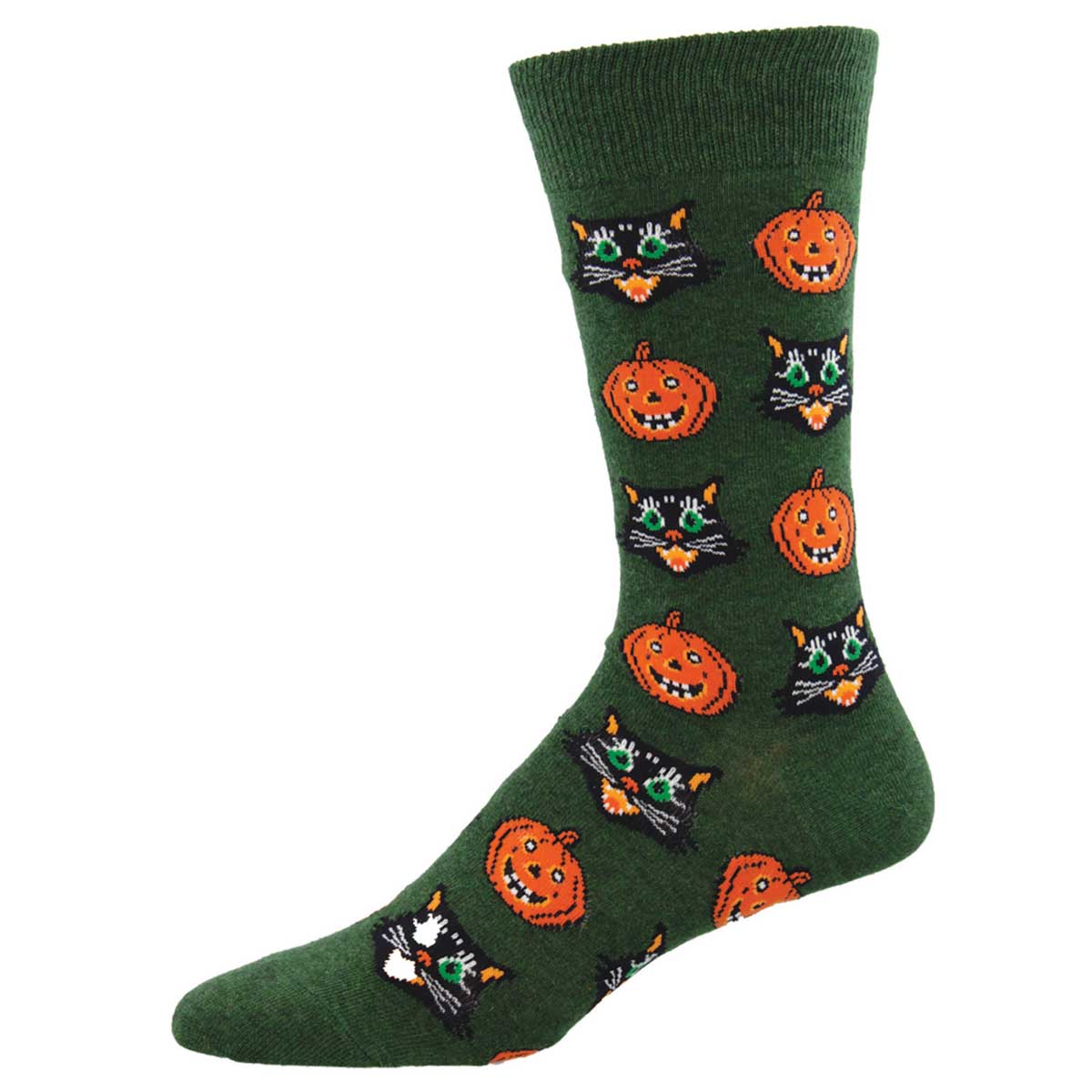 A pair of green crew socks with a pattern of pumpkins and cats' faces.