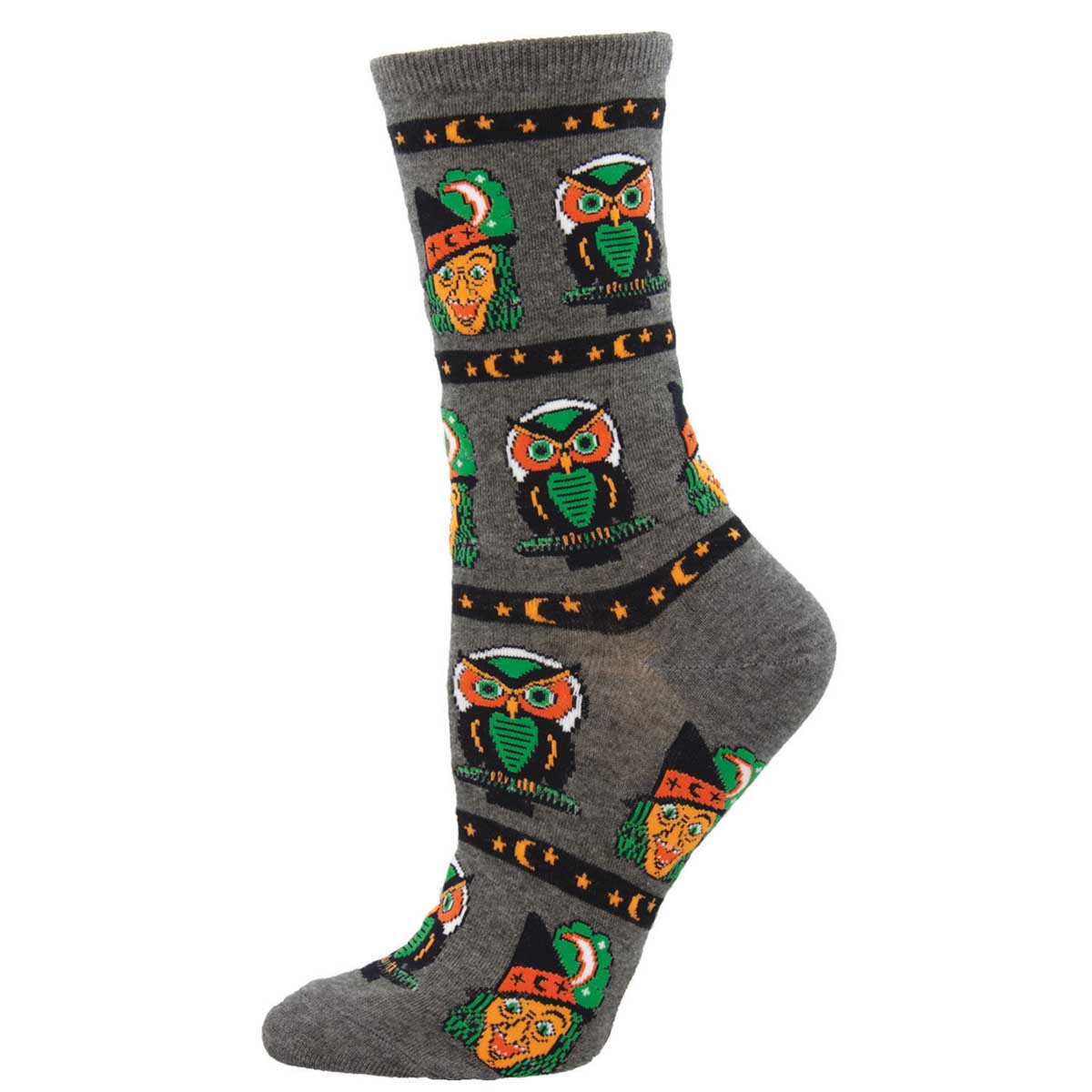 A pair of women's crew socks with a pattern of owls and Halloween-themed designs on a gray background.