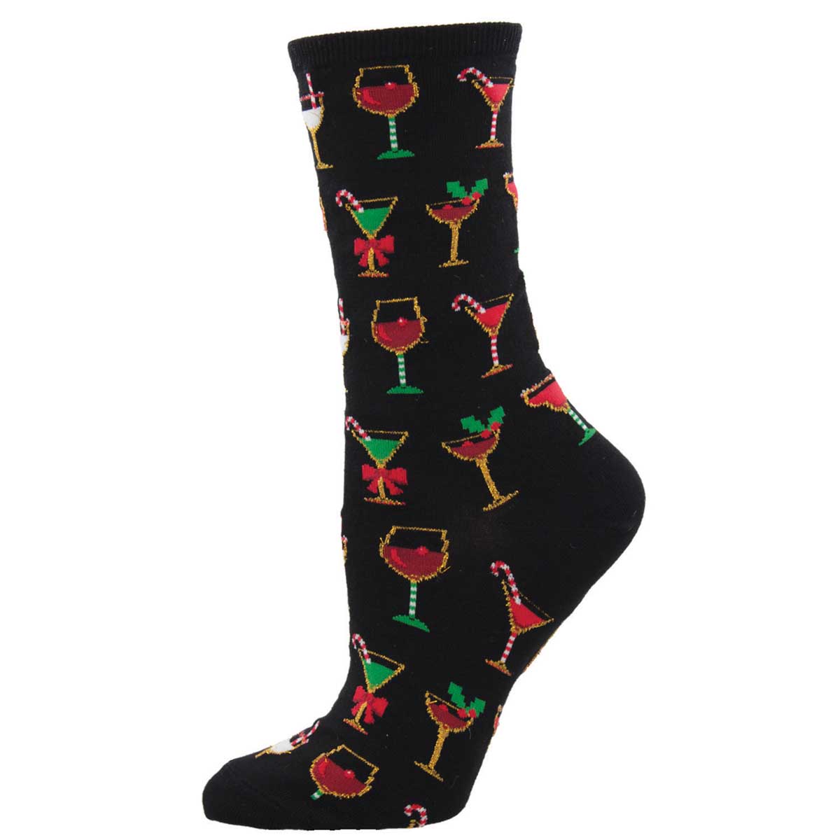 A pair of black crew socks with a pattern of colorful cocktail glasses and holiday-themed decorations.