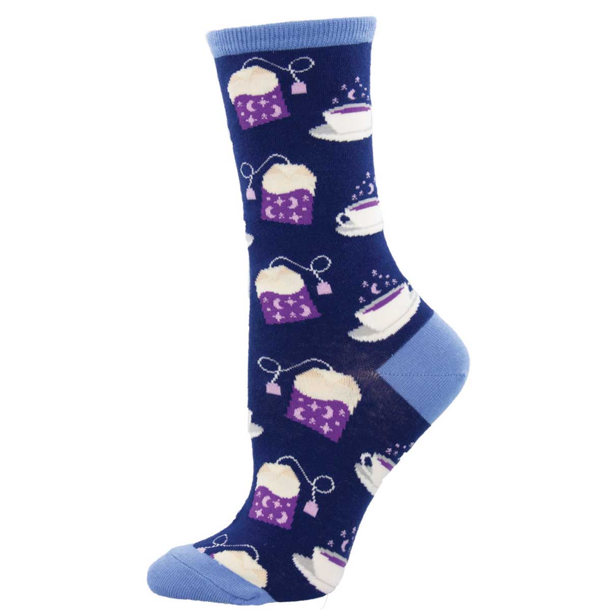 A pair of women's socks with a pattern of teacups and tea bags on a navy blue background, with light blue trim.
