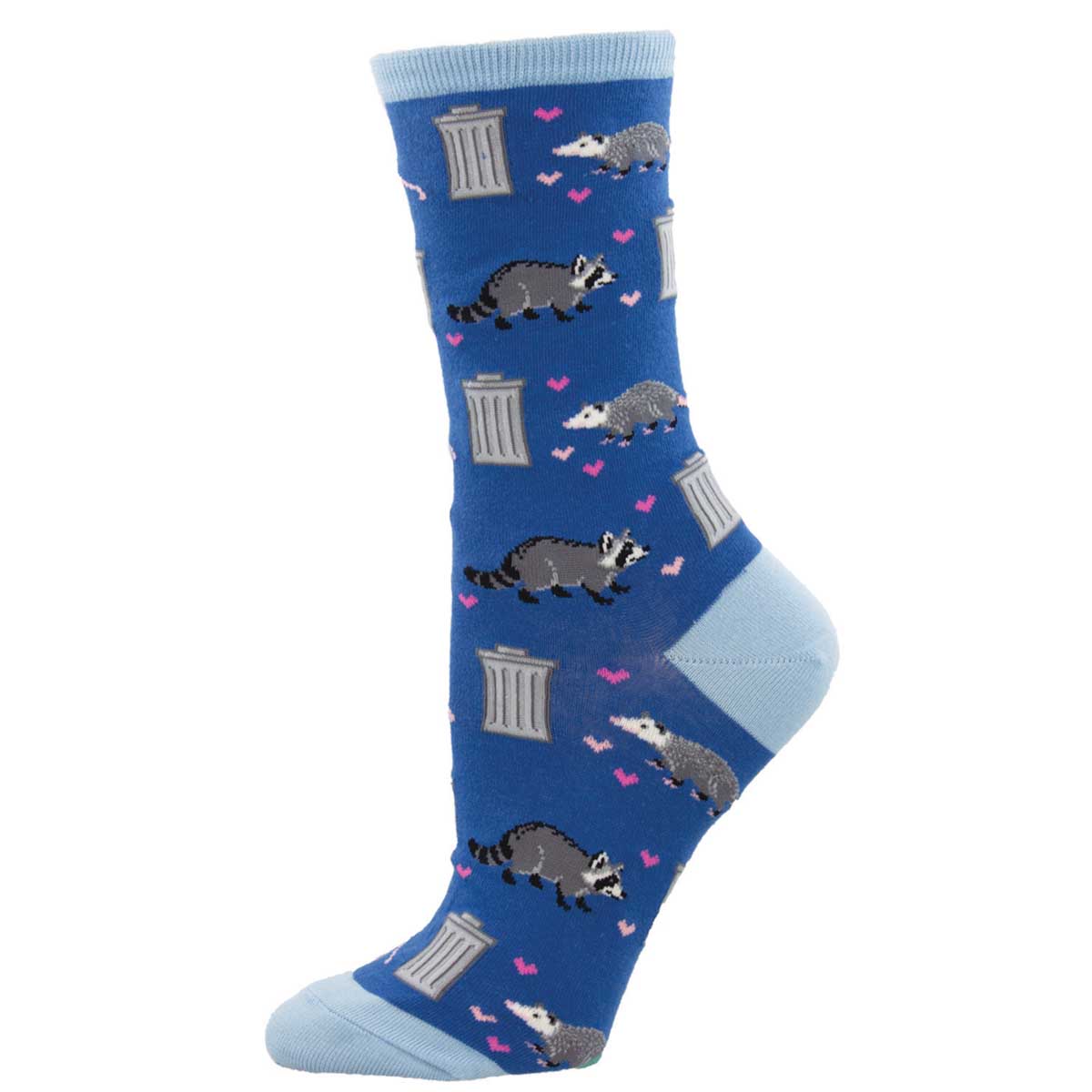 Women's Cotton Crew Socks - Raccoon, Opossum, and Trash Can Pattern with Hearts - Blue - Socksmith