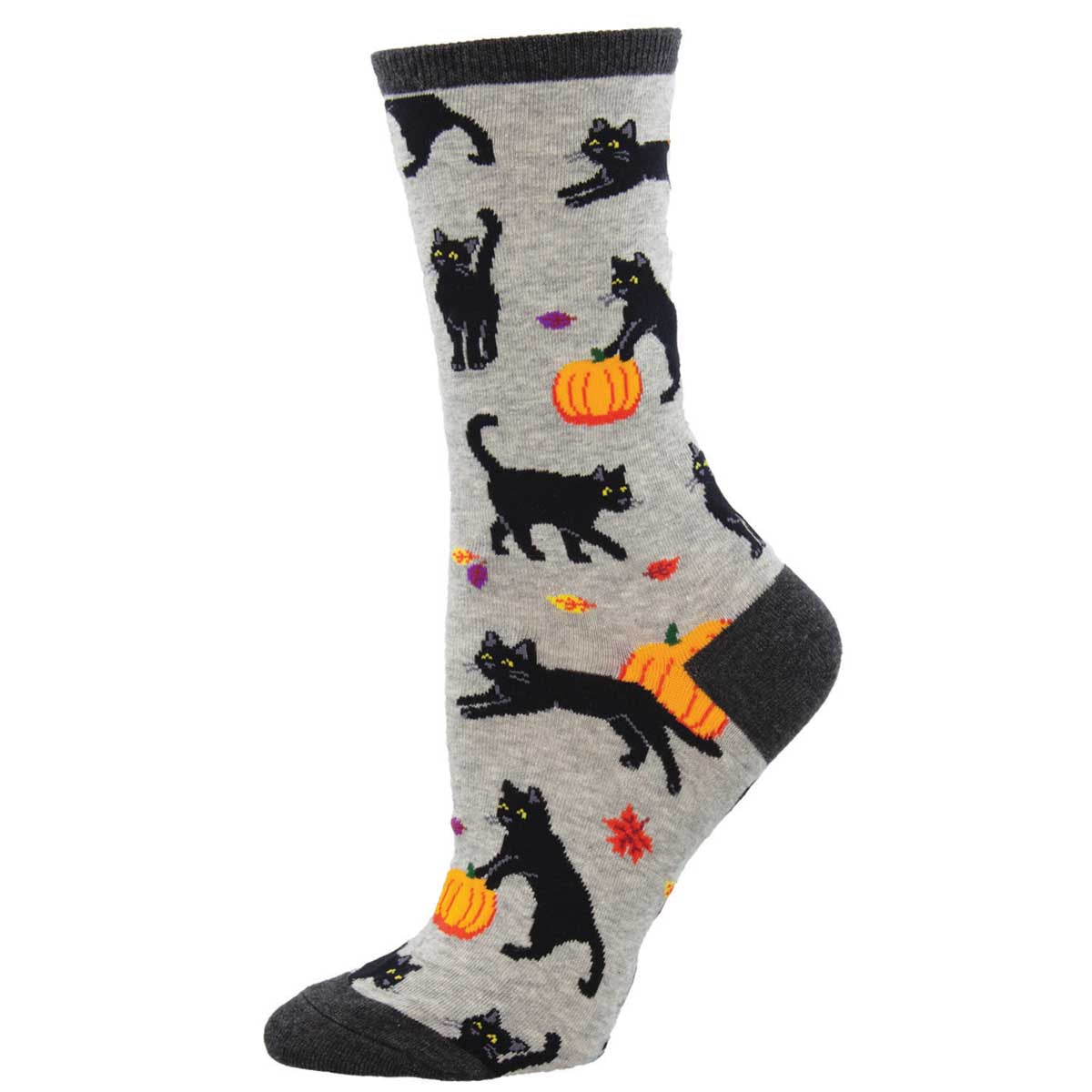 A pair of women's crew socks featuring a pattern with black cats and Halloween-themed elements like pumpkins on a grey background.