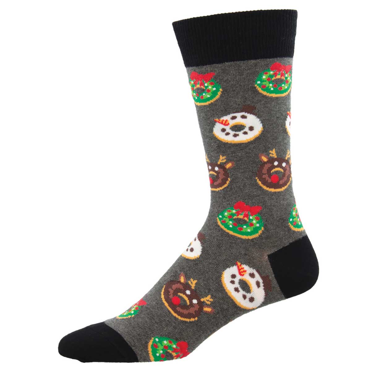 A pair of men's crew socks with a pattern of various flavored donuts on a gray background.