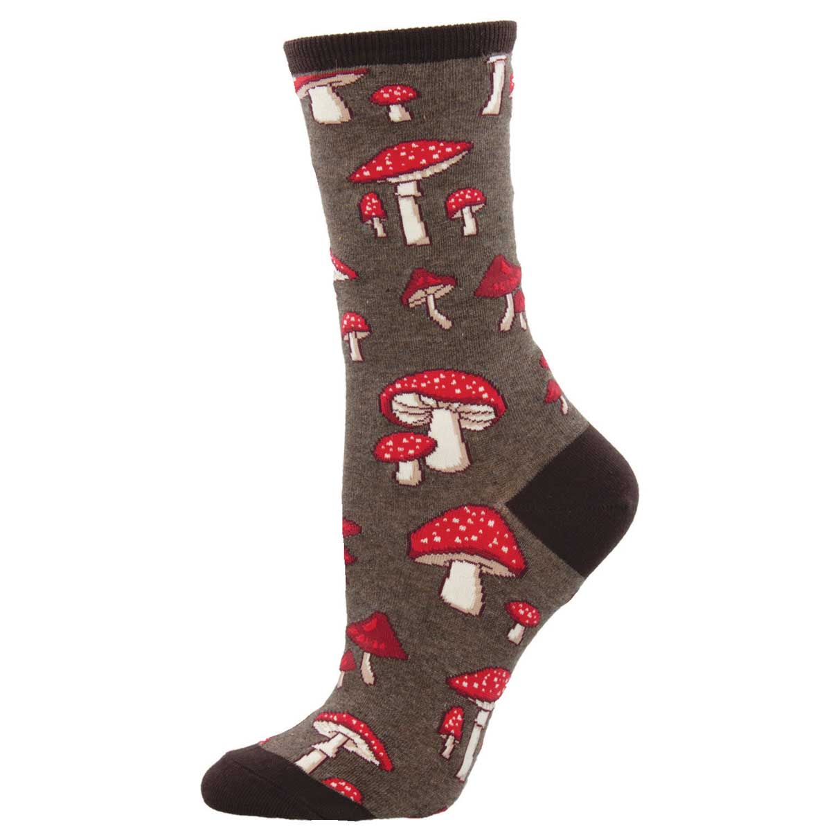 A pair of crew socks with a pattern of red and white mushrooms on a heather brown background.