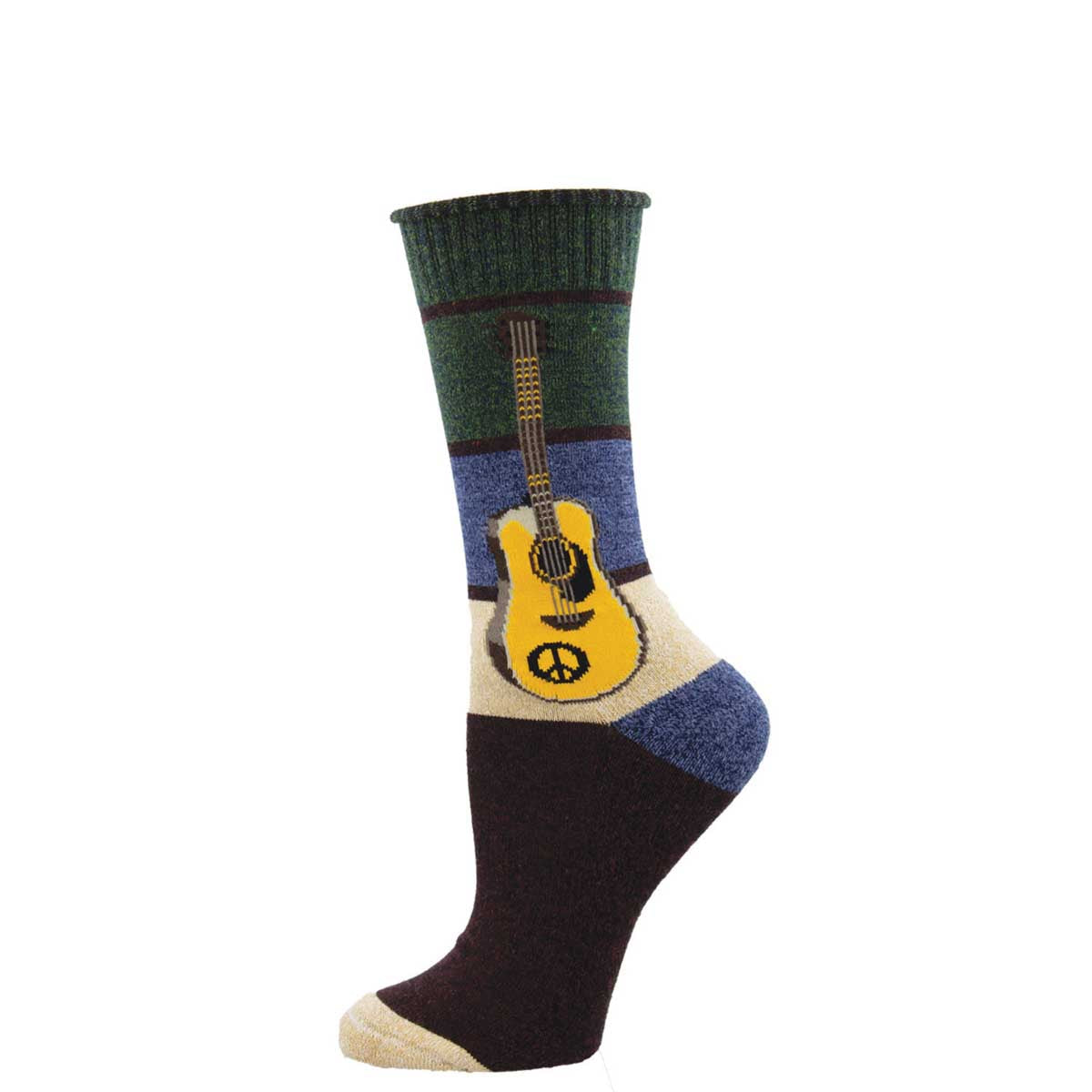 A pair of colorful socks featuring a guitar design on the side, with a striped pattern and solid colors at the top and bottom.