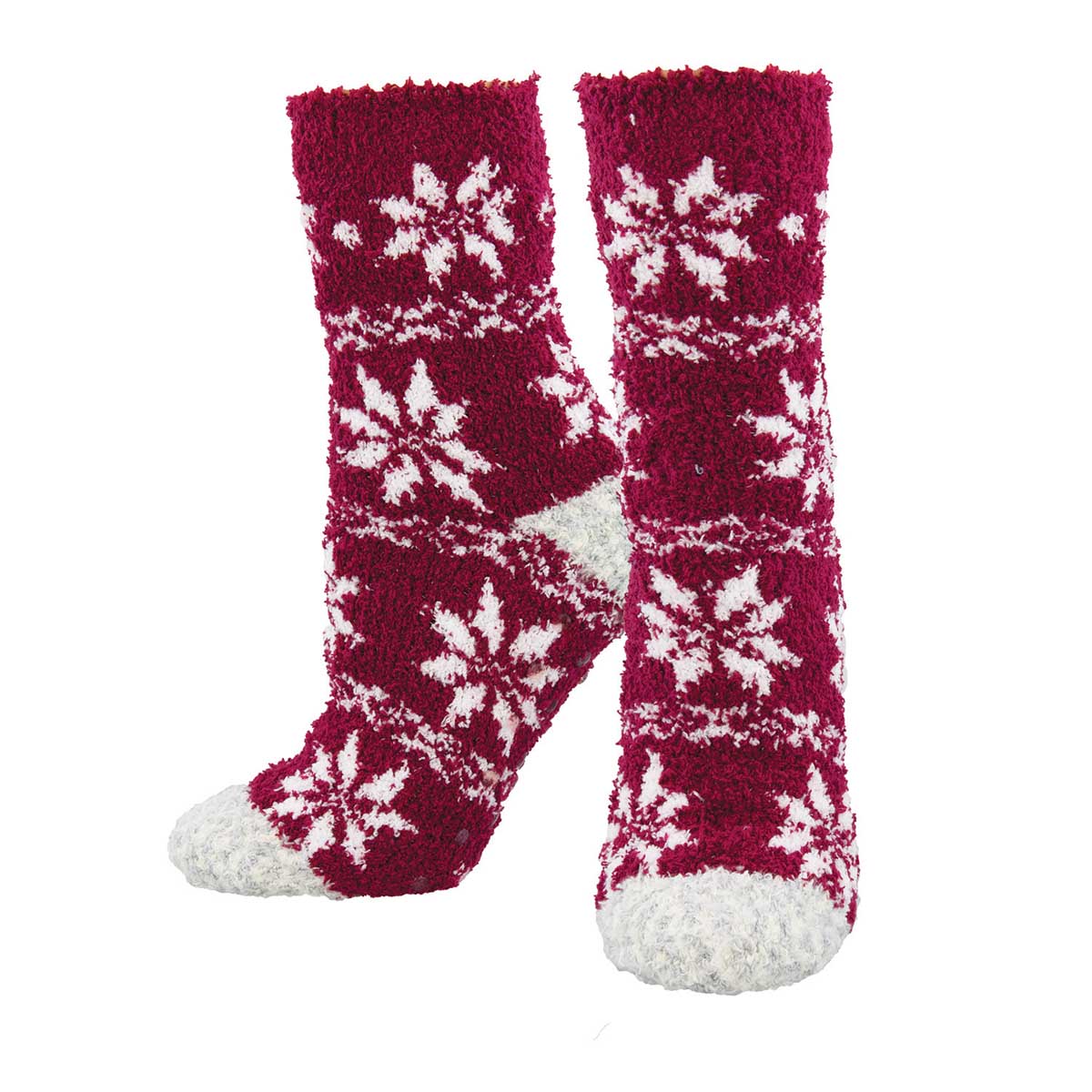 A pair of red and white fair isle patterned cozy socks designed for warmth and comfort, suitable for indoor wear.