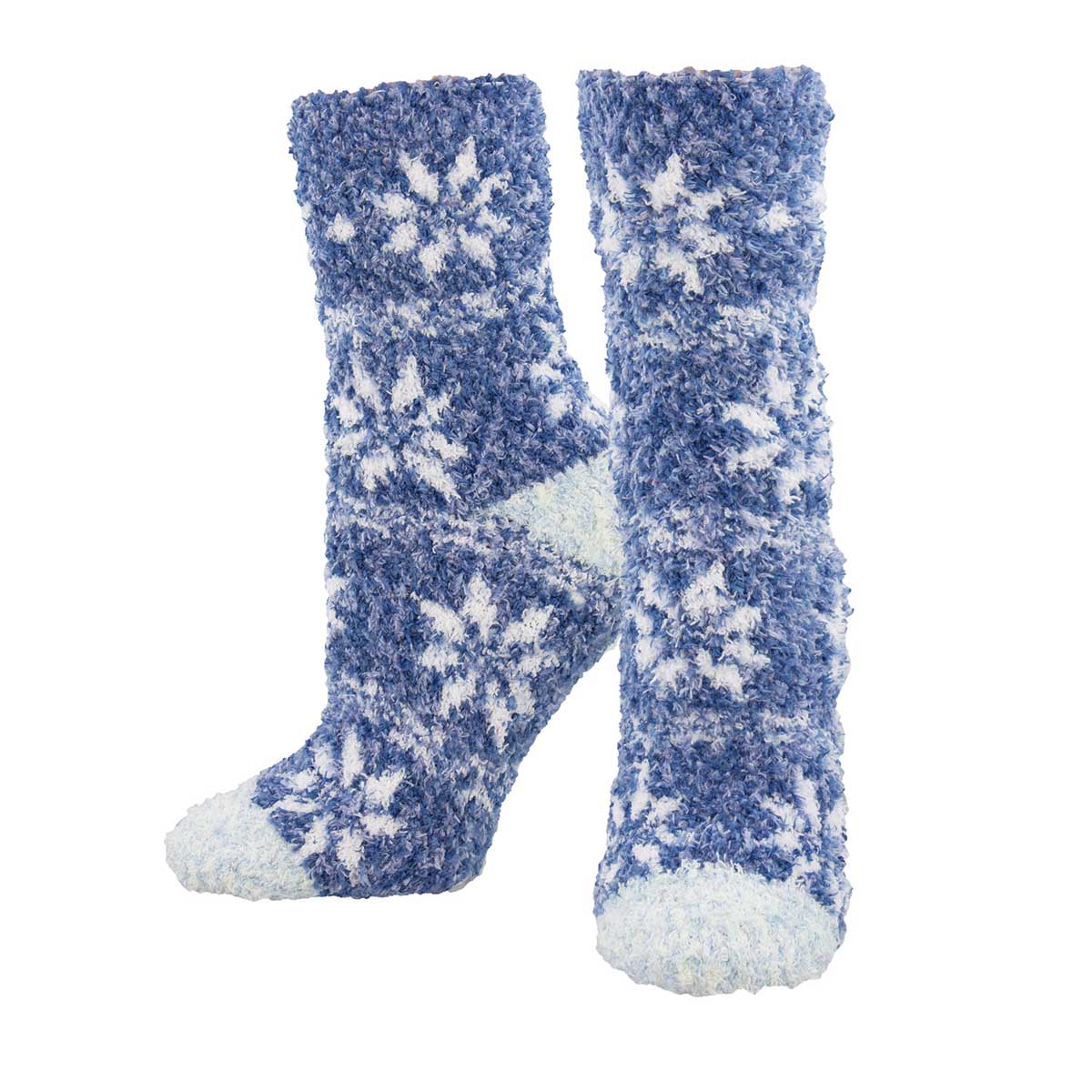 A pair of blue and white fair isle patterned cozy socks designed for warmth and comfort, suitable for indoor wear.