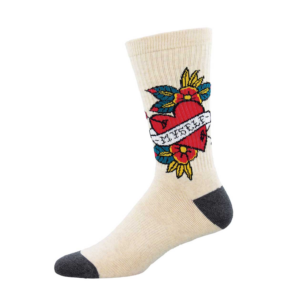 A pair of ivory crew socks with a red heart and floral pattern, and the phrase 'LOVE MYSELF' arched across the heart.