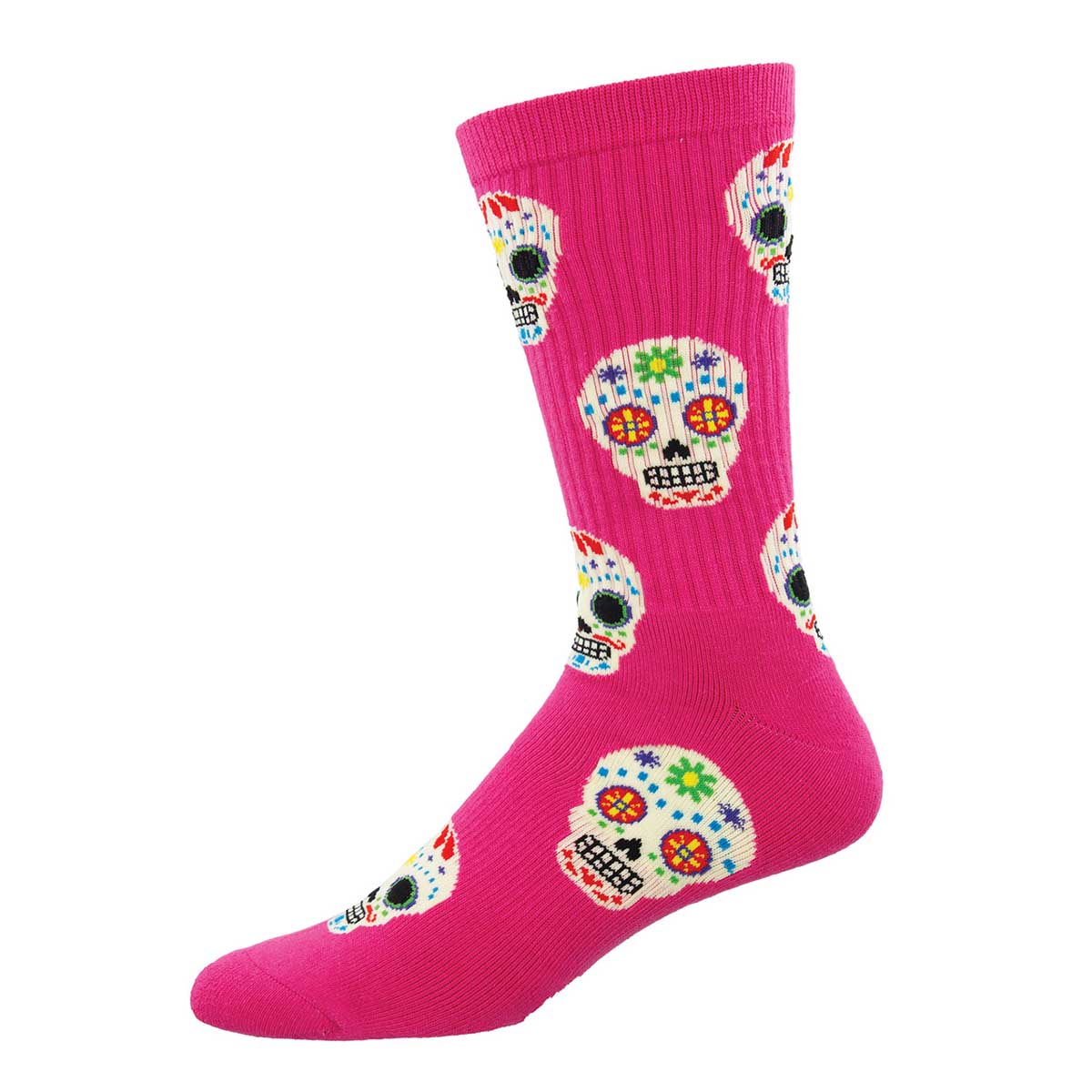A pair of pink crew socks with a pattern of colorful Dia de los Muertos skull designs.