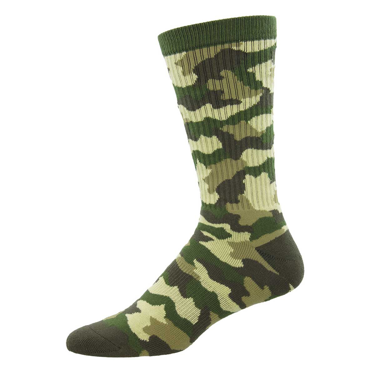 A pair of camouflage patterned athletic crew socks with arch support and a cushioned footbed.