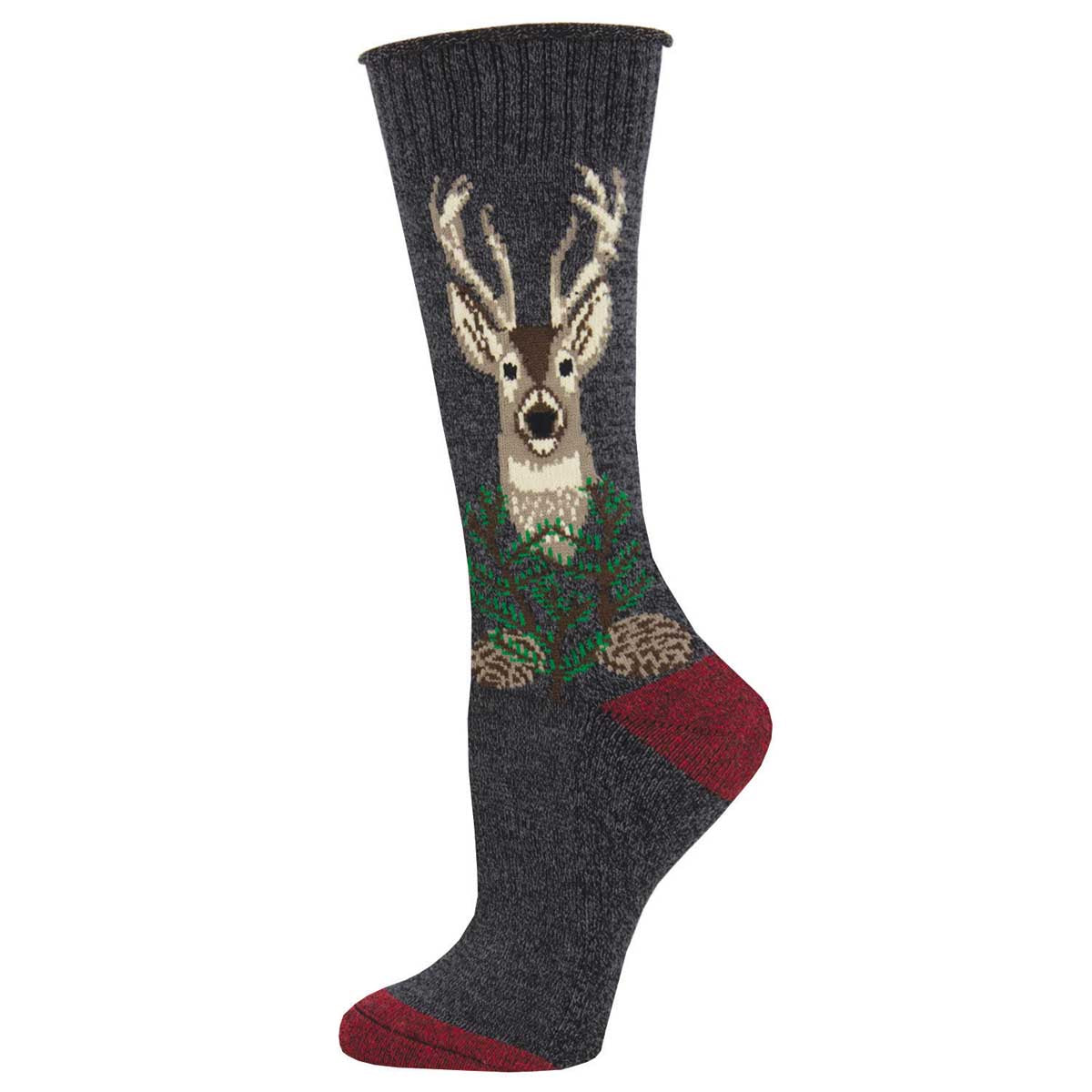 A pair of gray socks with an elk design on the upper part, featuring red and green accents.