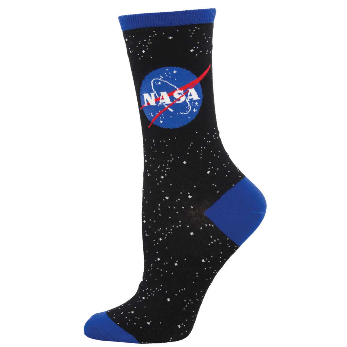 A pair of black cotton crew socks with the NASA logo in white and red on the ankle area, featuring a blue heel and toe.