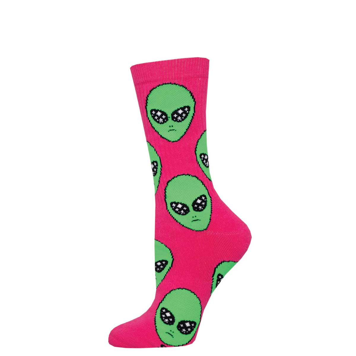 A pair of pink crew socks with green alien heads pattern.
