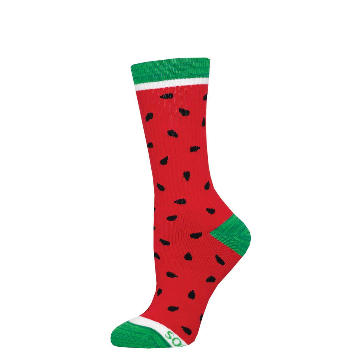 A pair of crew socks with a watermelon design, predominantly red with green seeds and white and green trim at the cuff.