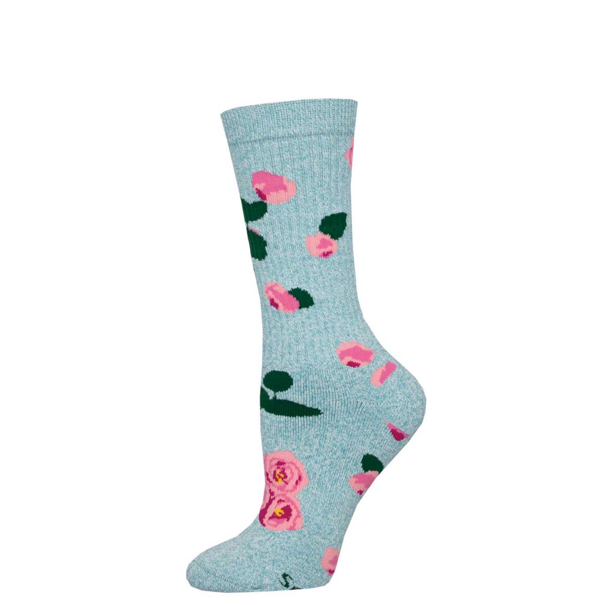 A pair of blue crew socks with a floral pattern featuring pink roses.