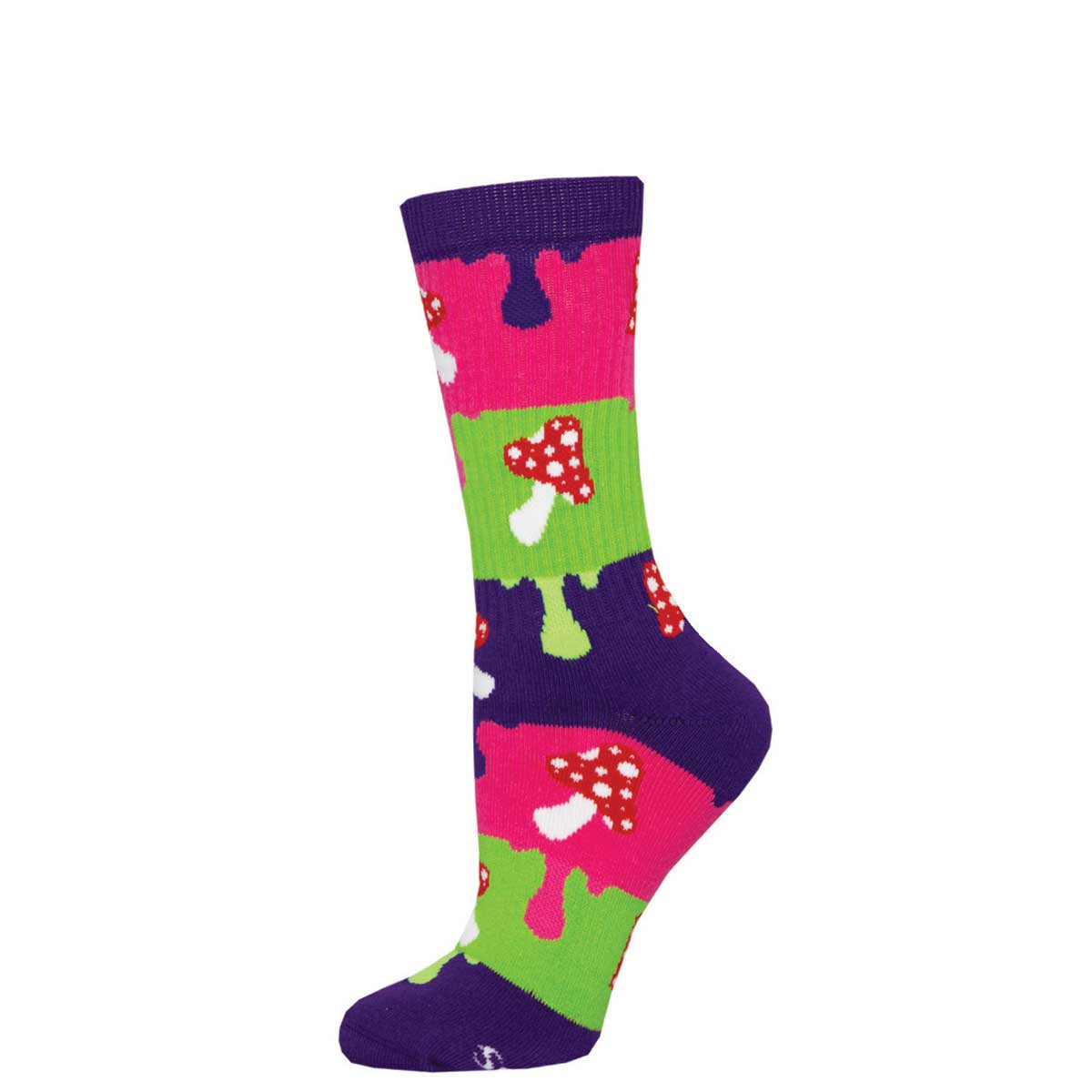 A colorful crew sock featuring a pattern with mushrooms and other whimsical designs.