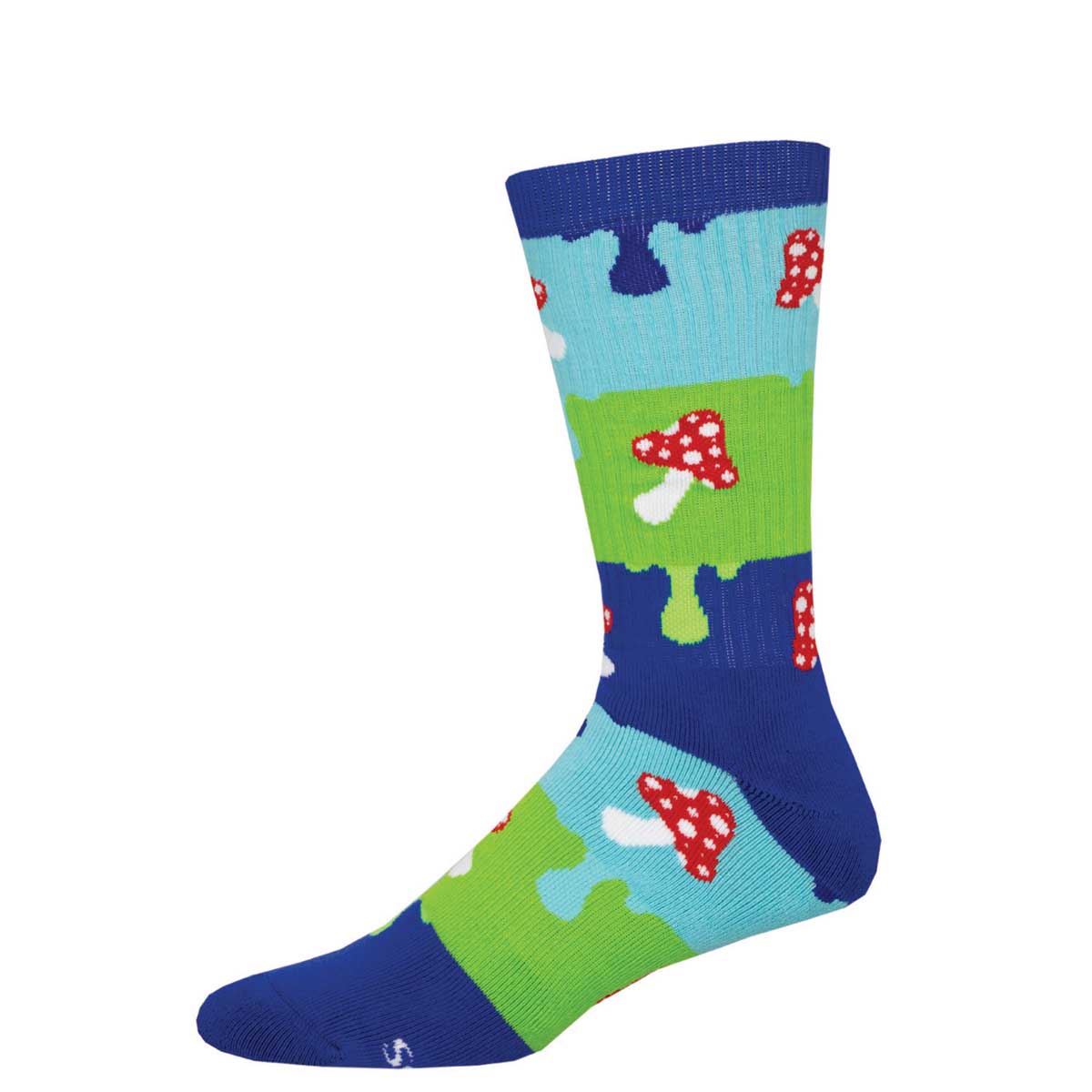 A colorful crew sock featuring a pattern with mushrooms and other whimsical designs.