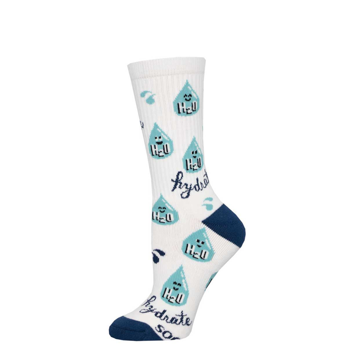 A pair of white crew socks with a pattern of water droplets and the text 'Hydrate!' displayed across the foot.