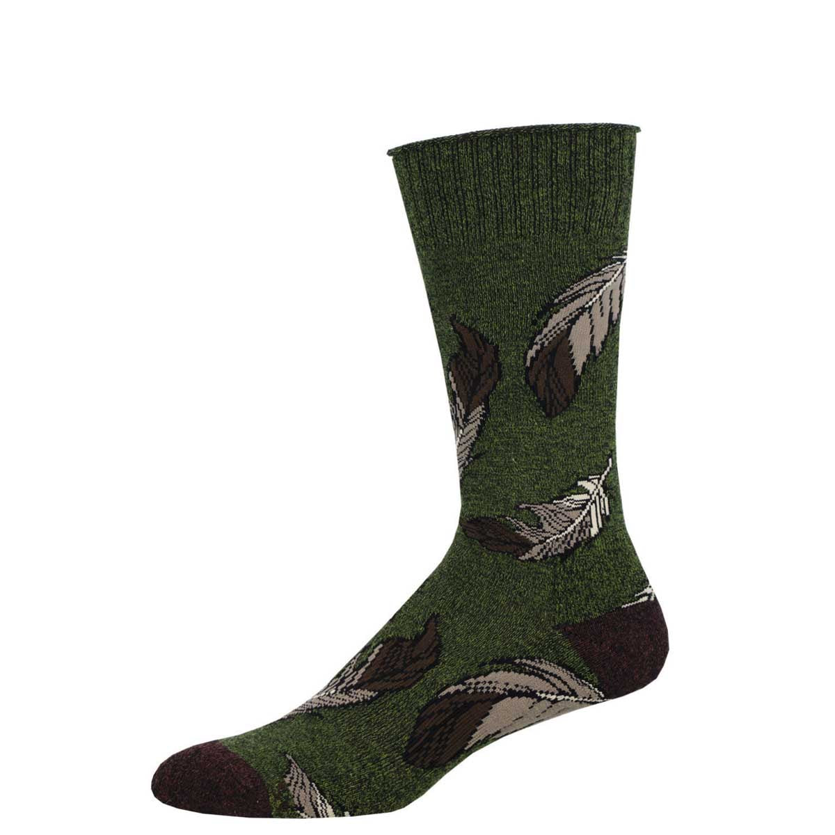 A pair of green cotton crew socks with a feather pattern and cushioned footbed.