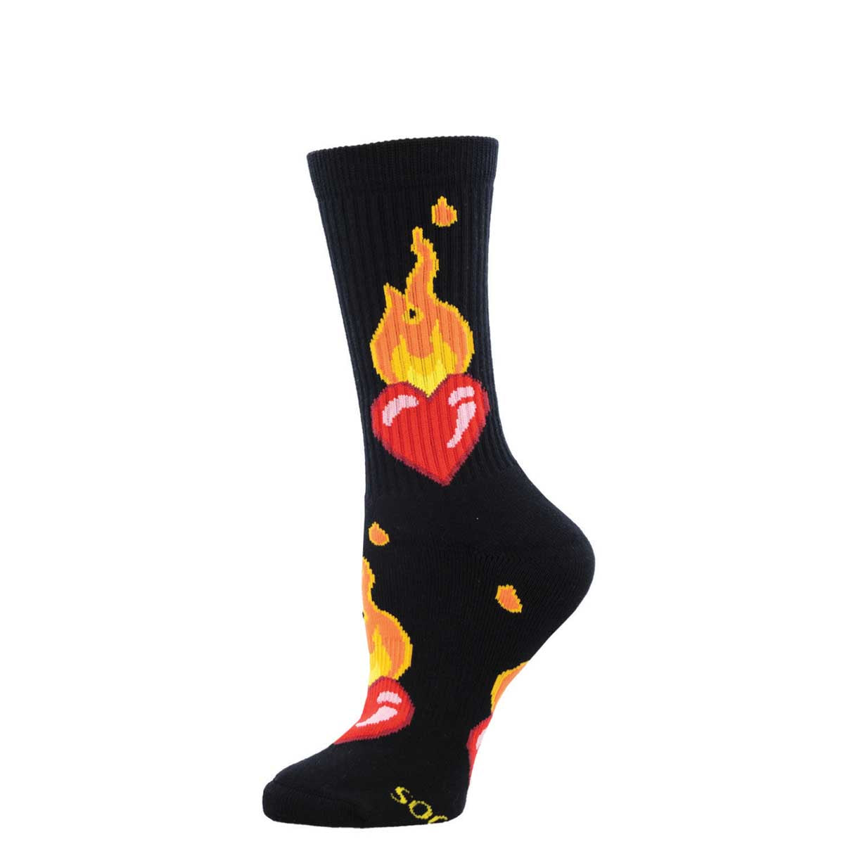 A pair of black crew socks with a red heart and yellow flame design on the shin area.