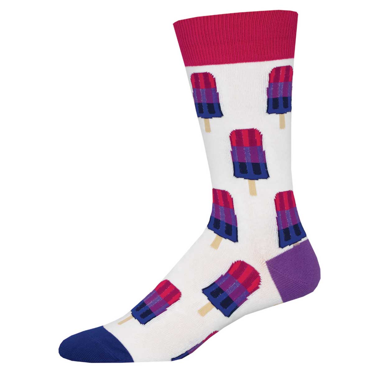 A pair of colorful socks with a geometric pattern featuring ice cream cones in pink, purple, and white colors.