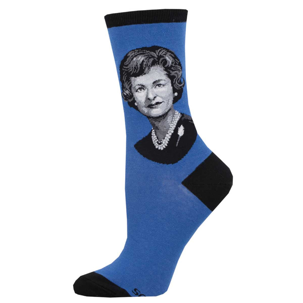 A pair of blue and black crew socks featuring a portrait of Lady Bird Johnson.