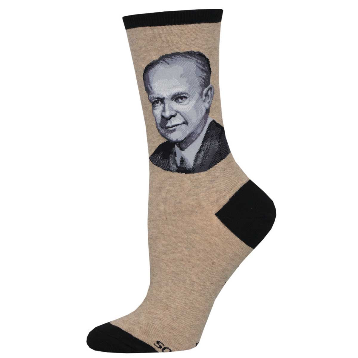 A pair of beige and black socks with a portrait of President Eisenhower on the side.