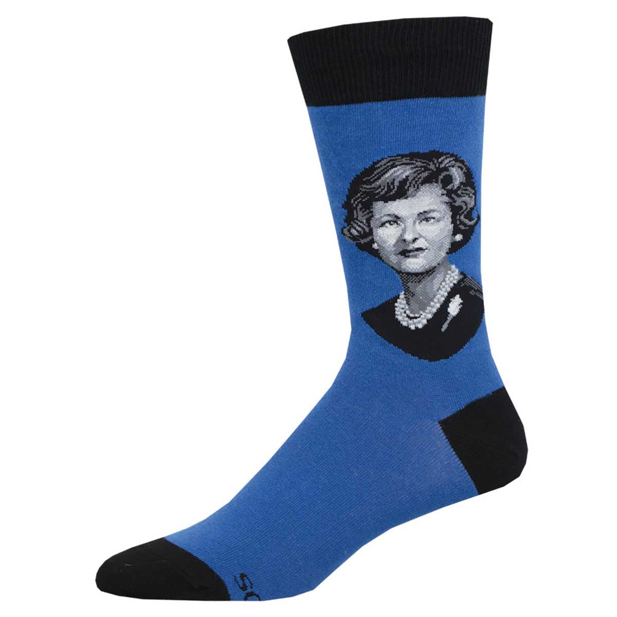 A pair of blue crew socks with a portrait of a historical figure, Lady Bird Johnson, printed on the upper part.