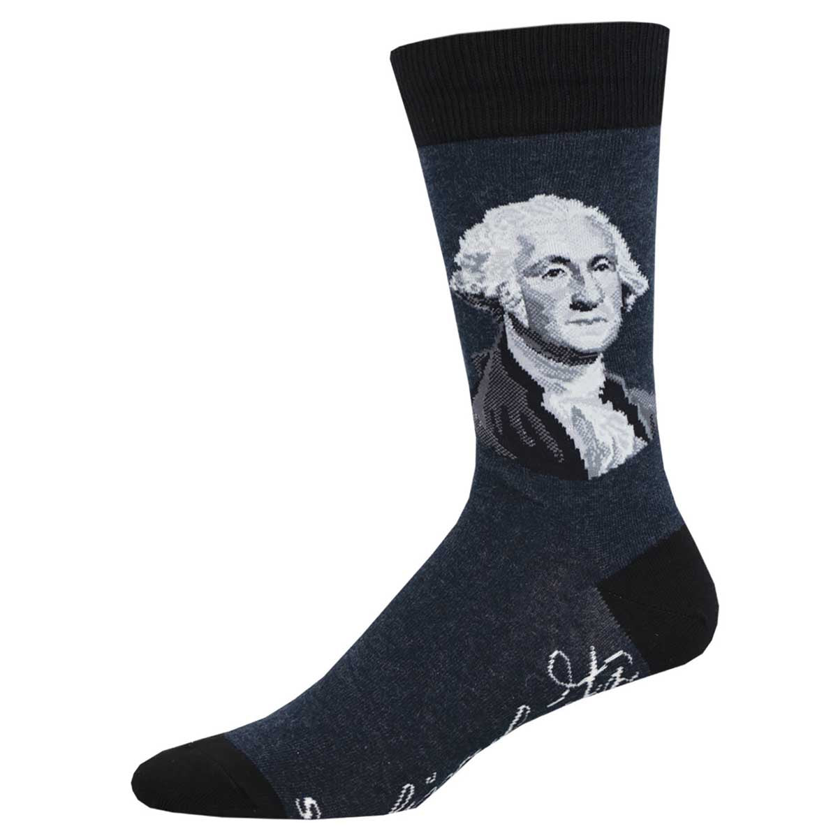 A pair of crew socks featuring a portrait of George Washington in a black and white design, with a signature at the bottom.
