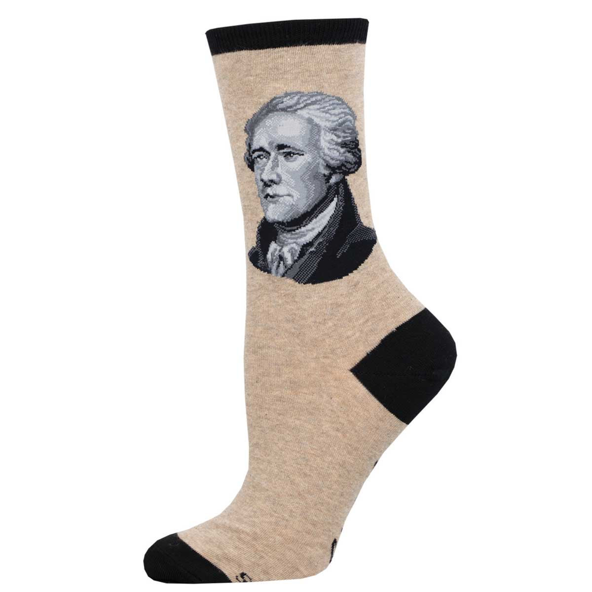 A crew sock with a portrait of a Founding Father Alexander Hamilton, primarily in brown tones with black accents.