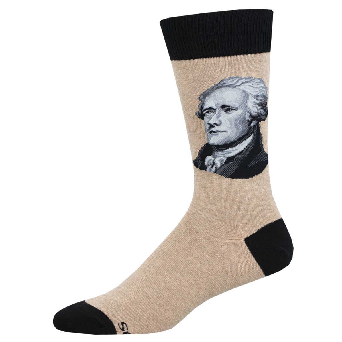 A pair of socks featuring a portrait of Alexander Hamilton on a beige background with black trim.