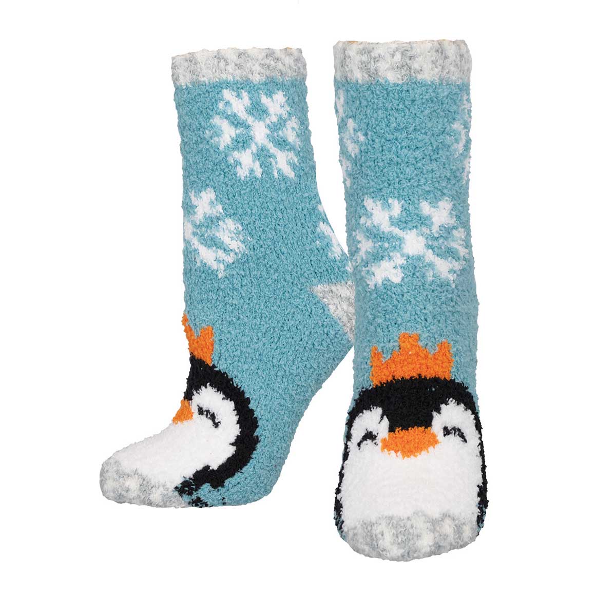 A pair of icy blue fuzzy socks with a penguin and snowflake pattern