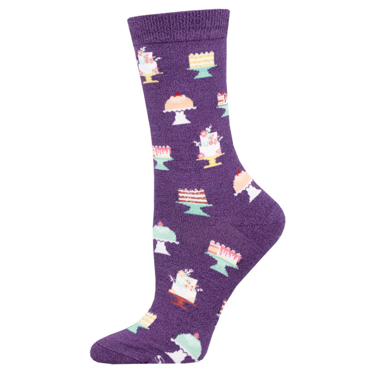 A purple sock with a pattern of various desserts like cakes and ice cream.