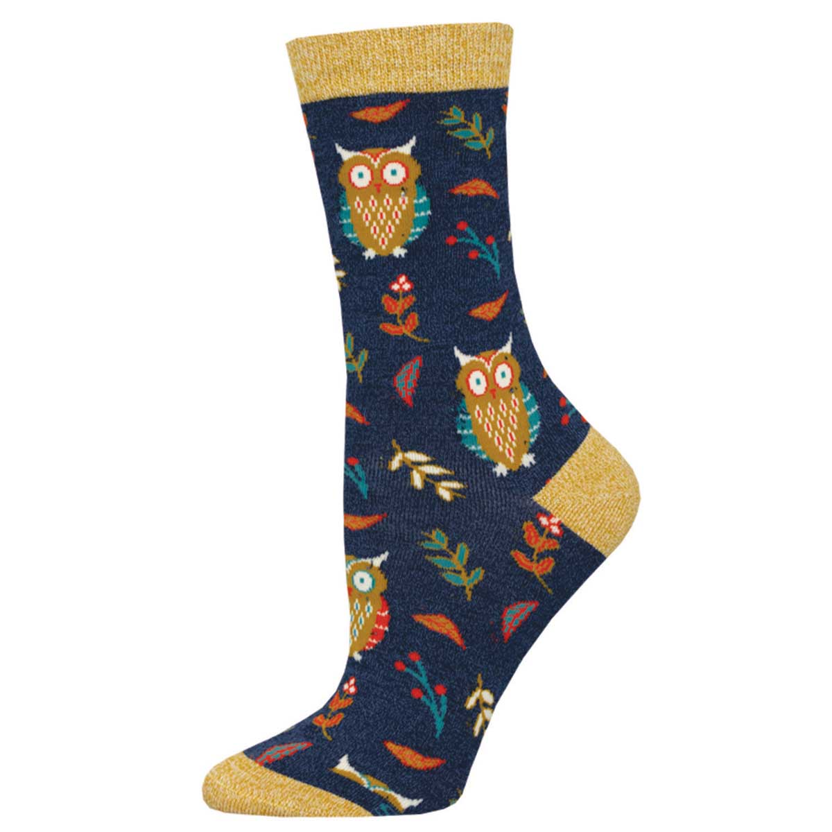 A navy-colored sock with a pattern of owls and leaves in shades of orange and yellow, featuring a golden heel and toe.