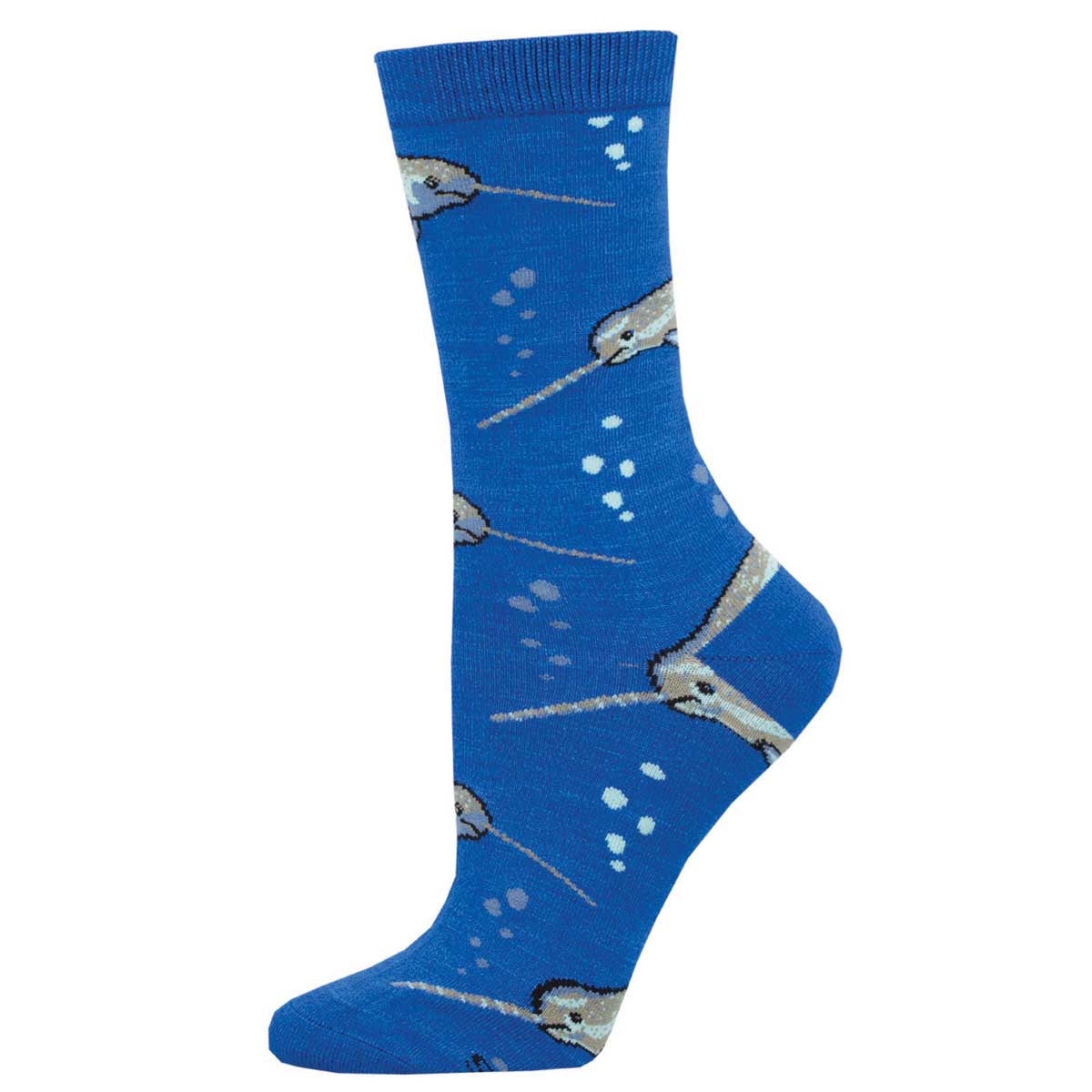 A blue sock with a pattern of narwhals and bubbles.
