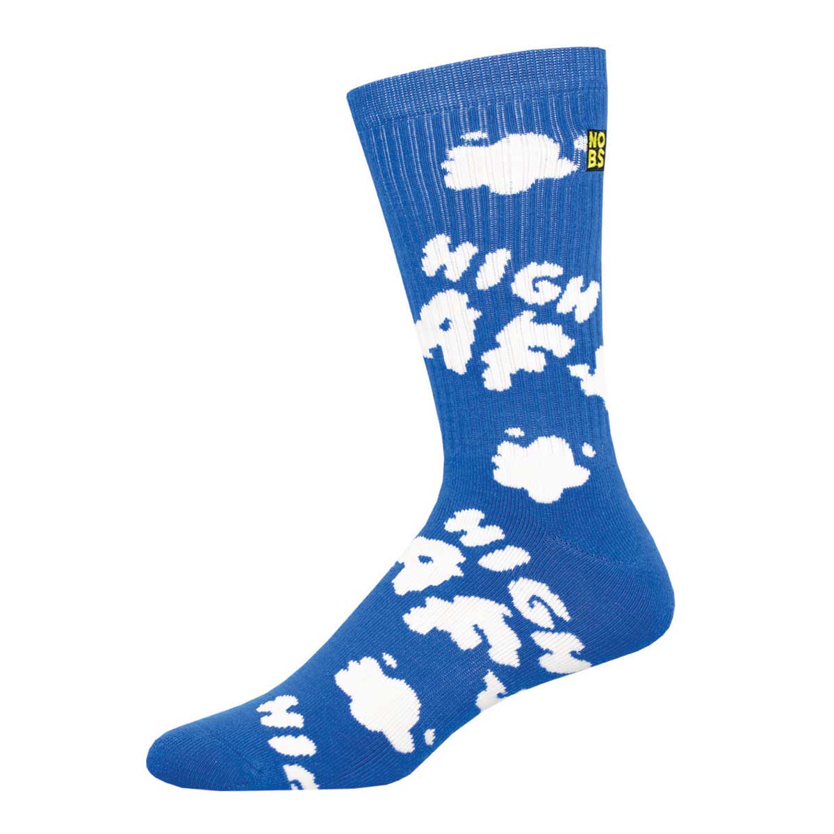 A blue sock with white cloud patterns and the text 'HIGH AF' displayed prominently in one of the clouds.