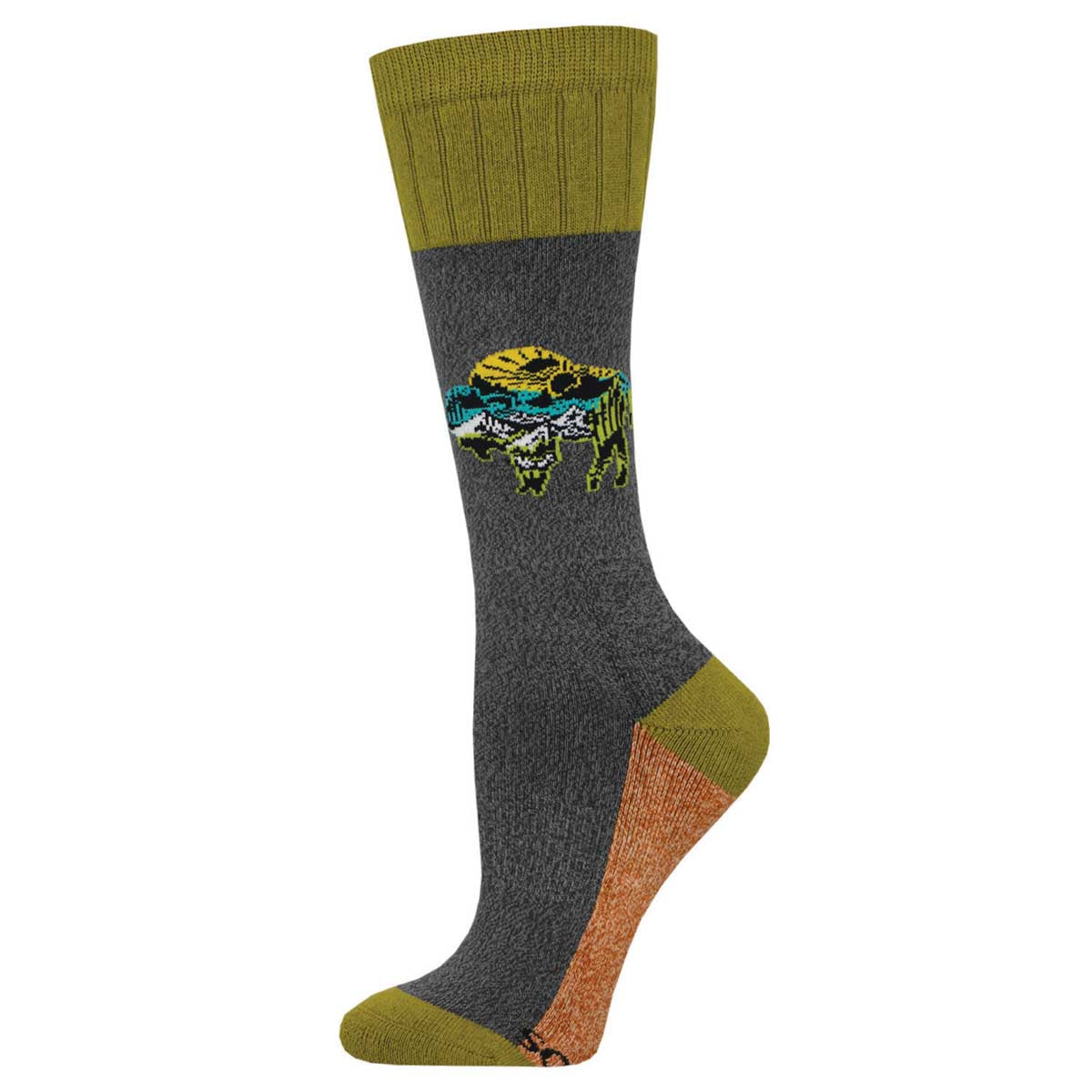 A pair of gray AtomicChild branded socks with a buffalo print design on the cuff, featuring a green and orange color accent on the heel and toe.
