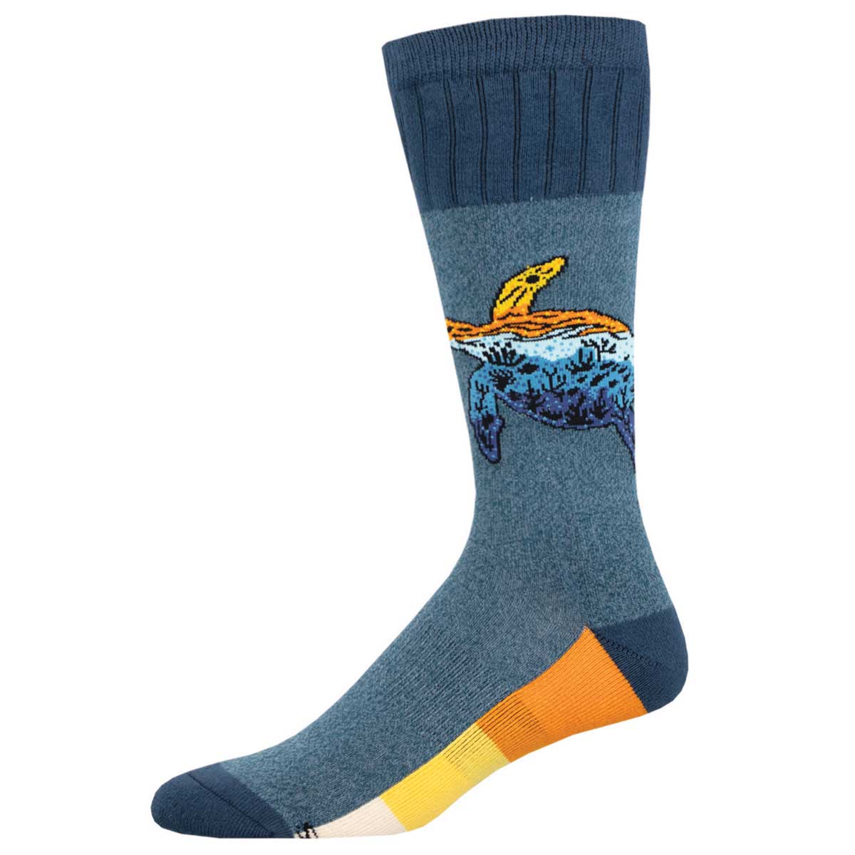 A pair of blue cotton socks with a turtle design and orange heel and toe accents.