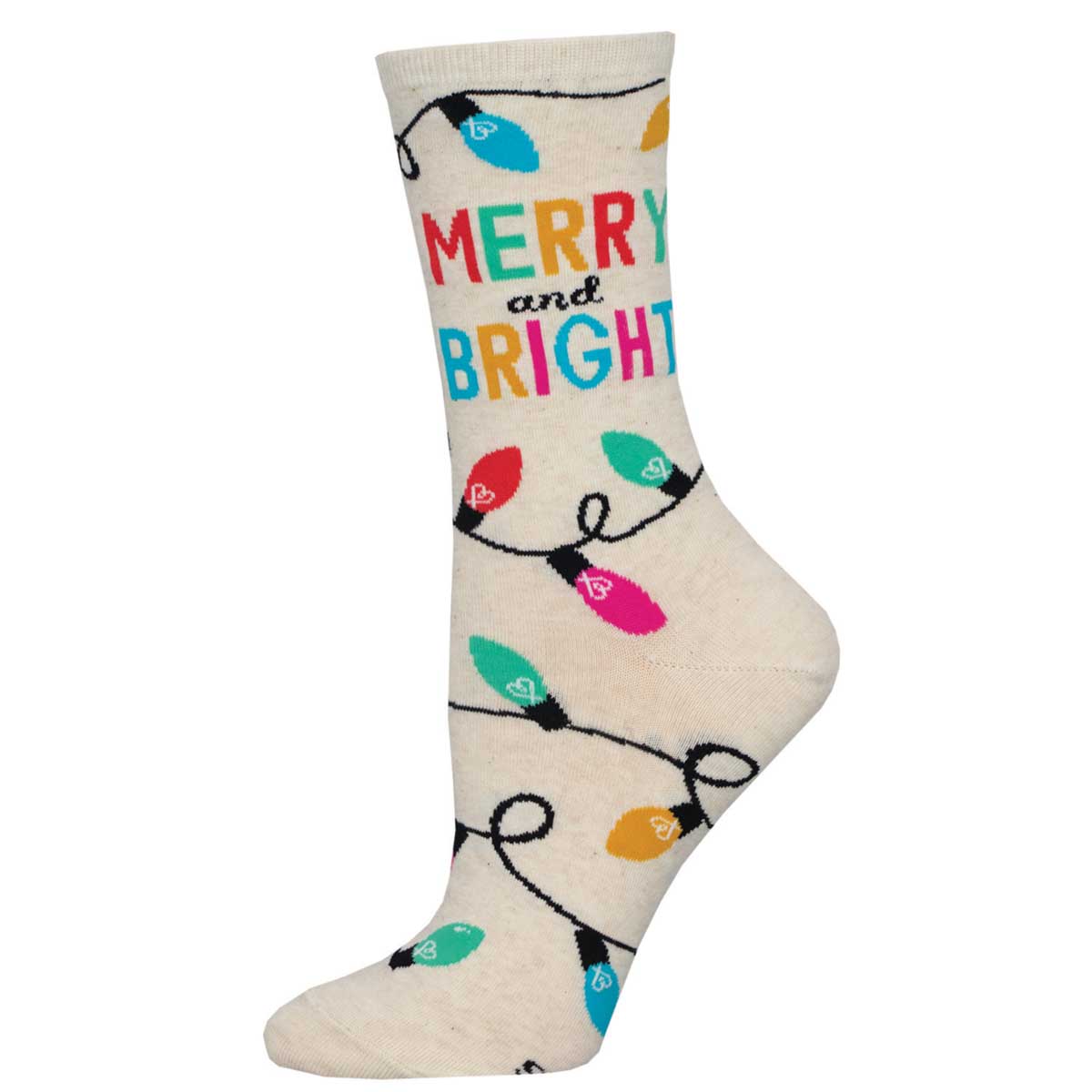 A pair of ivory crew socks with a 'Merry and Bright' text and colorful Christmas light patterns.