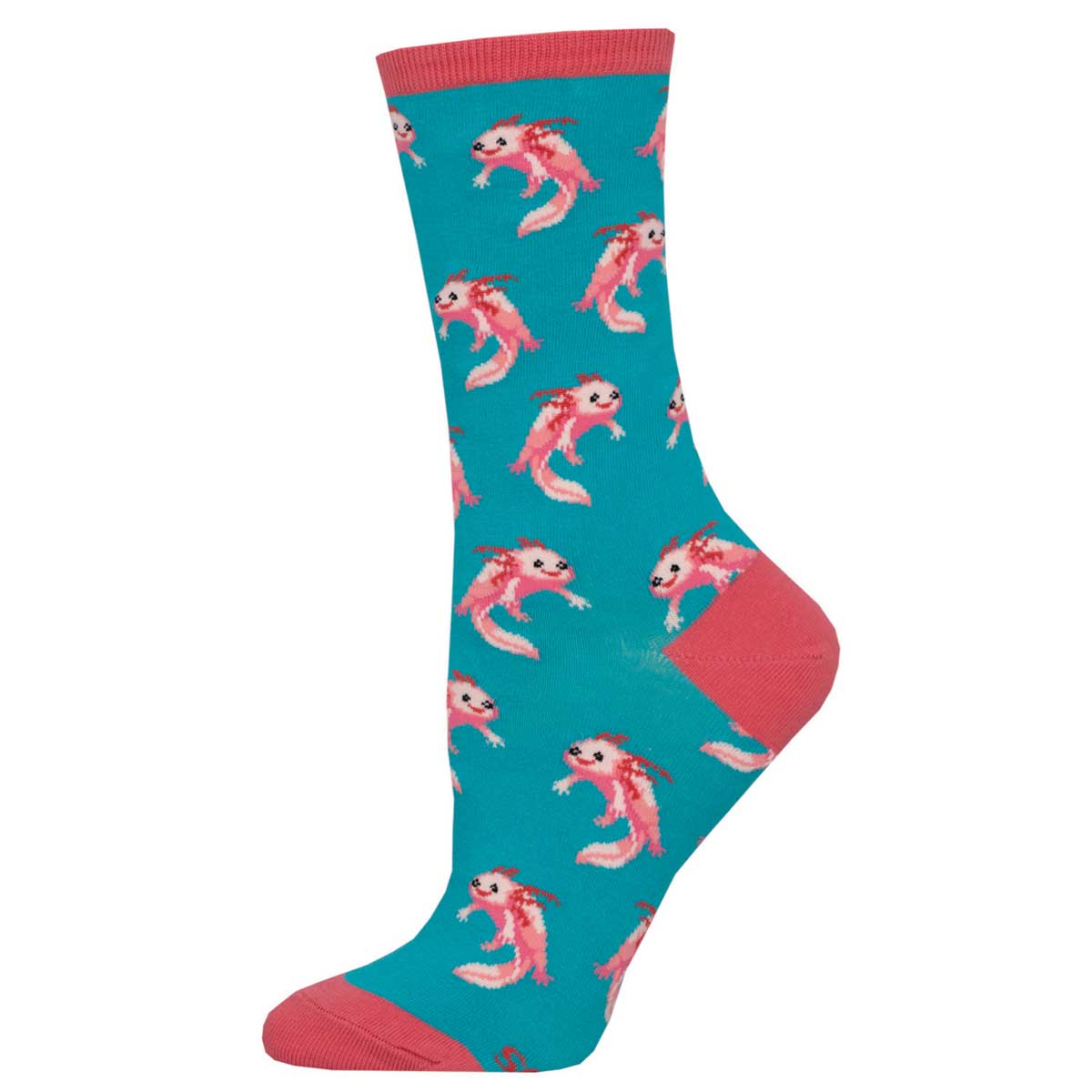 A pair of colorful crew socks featuring an axolotl pattern on a teal background with pink trim.