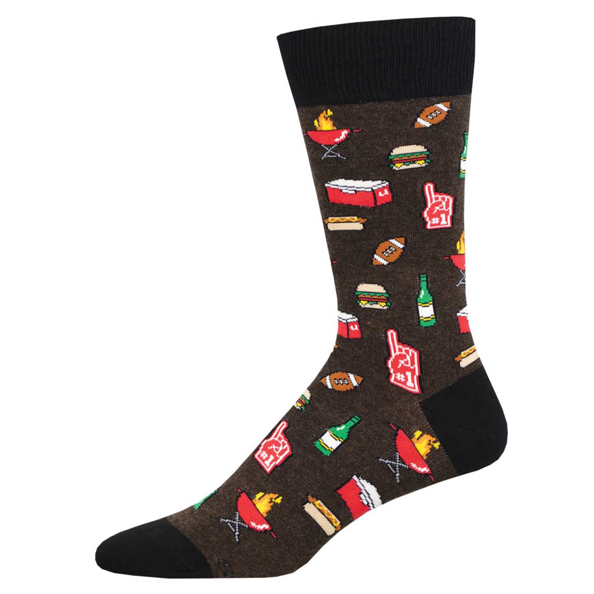 A pair of brown crew socks with various food and drink related graphics such as hot dogs, bottles, and grills.