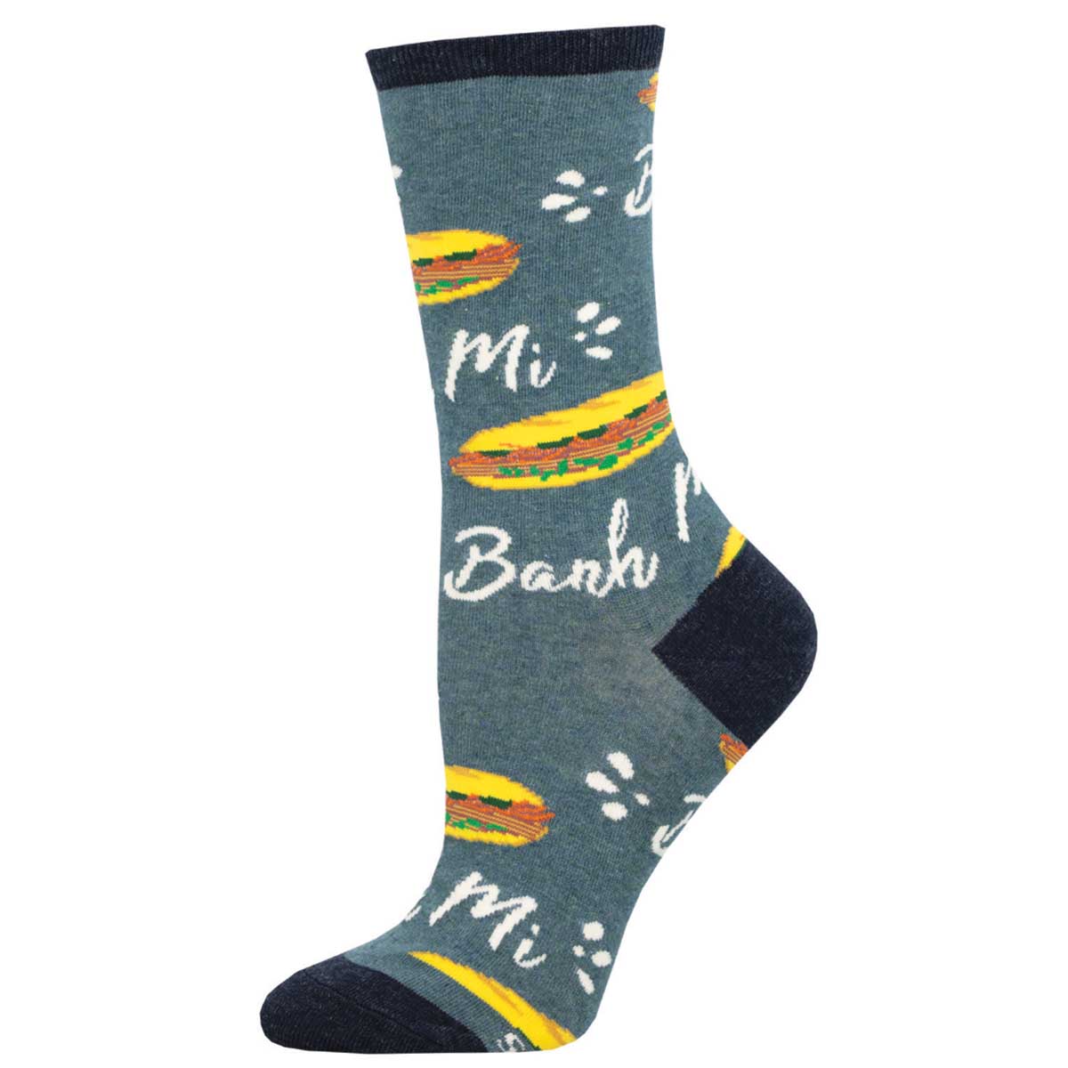 A pair of women's crew socks with a pattern of Banh Mi sandwiches and text on a gray background.