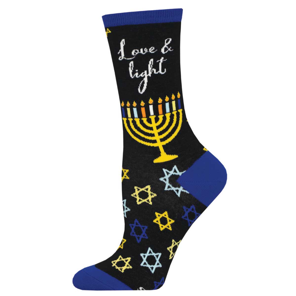 A pair of black cotton crew socks with a Hanukkah theme, featuring a menorah and stars of David, with the text 'Love & light' on the ankle area.