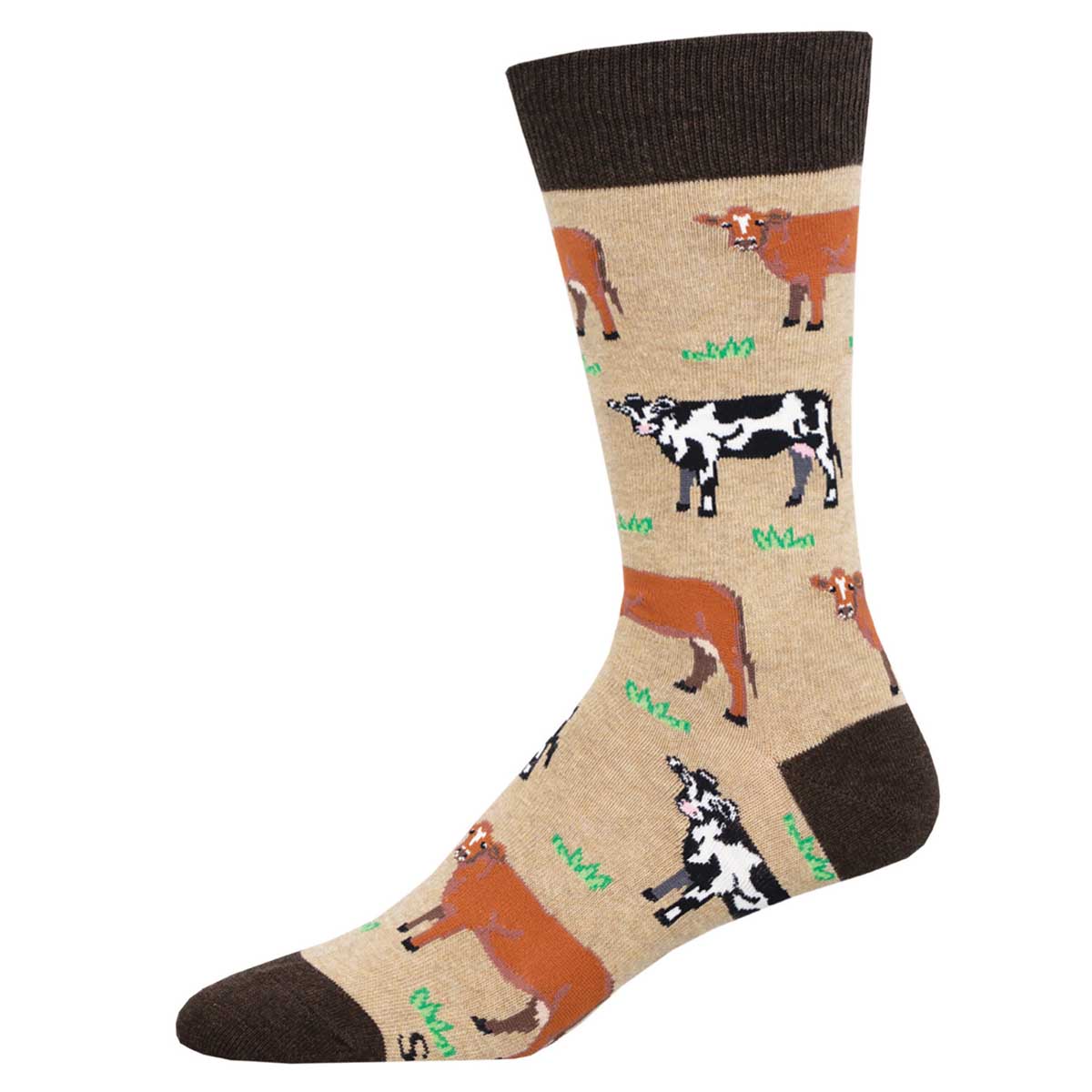 A pair of brown crew socks with a pattern of various cows in different poses.