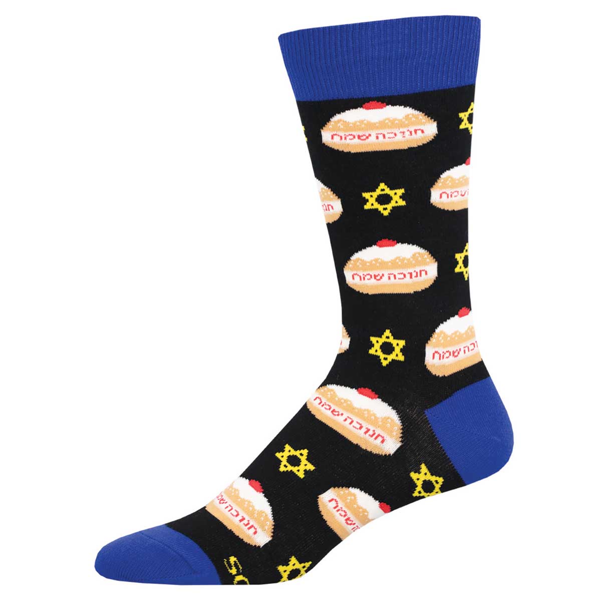 A pair of black crew socks with a pattern of doughnuts and stars, representing a Hannukah theme.