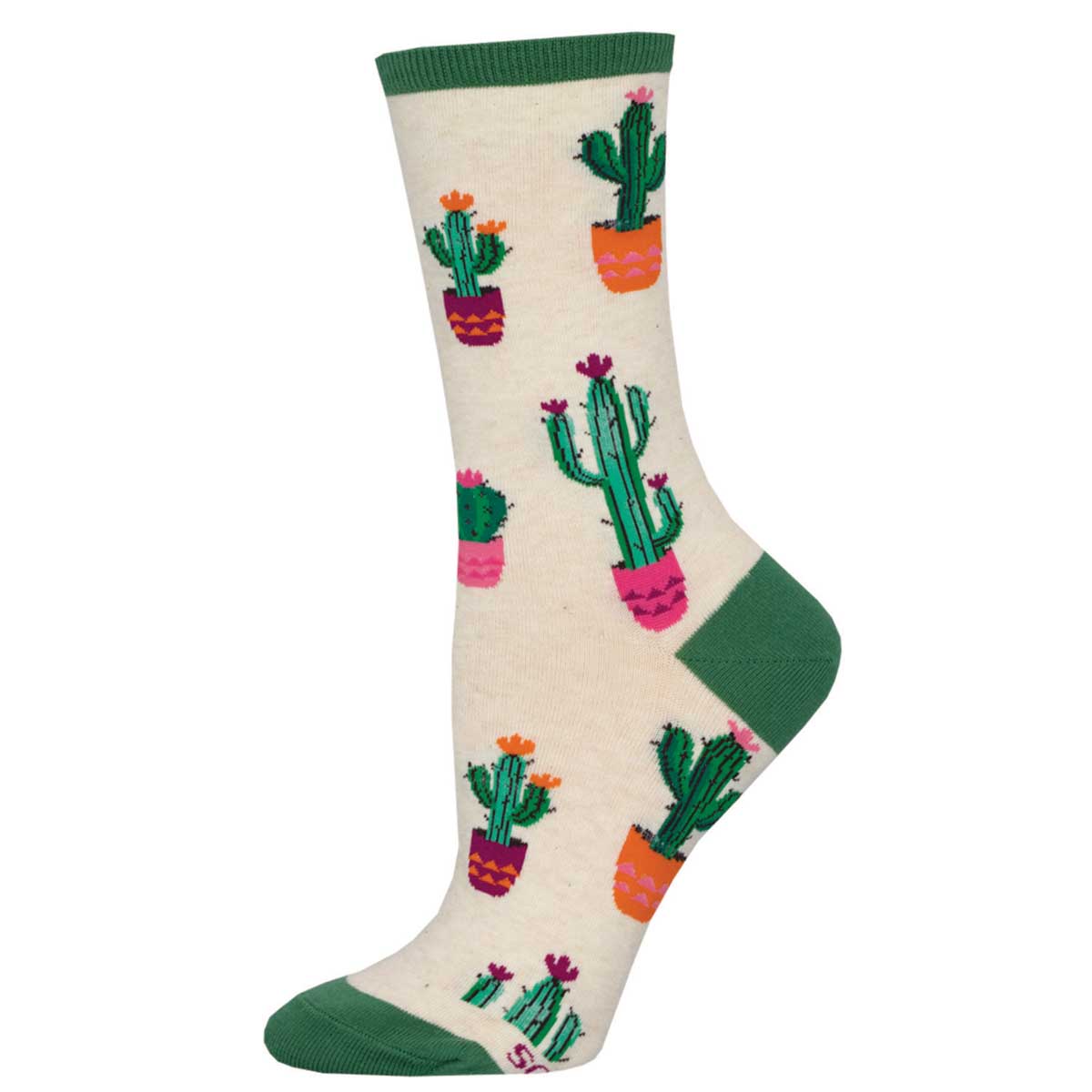 A pair of crew socks with a pattern of cactus plants in various pots on a beige background with green trim.