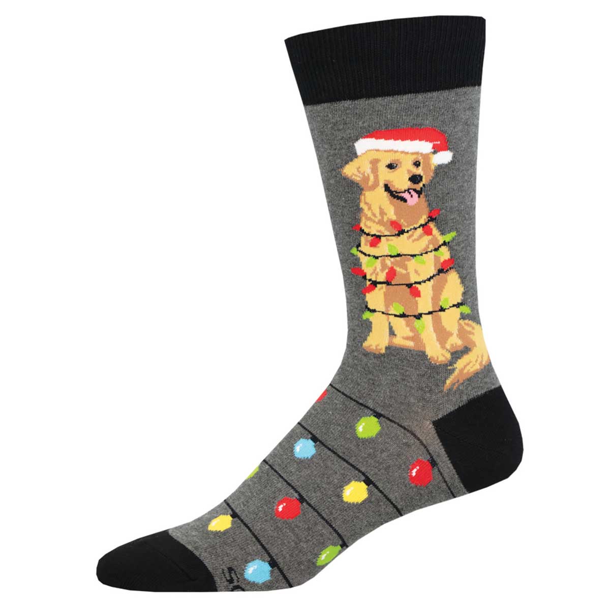 A pair of grey crew socks with a design of a dog wearing a Santa hat entangled in Christmas lights, surrounded by colorful dots representing lights.