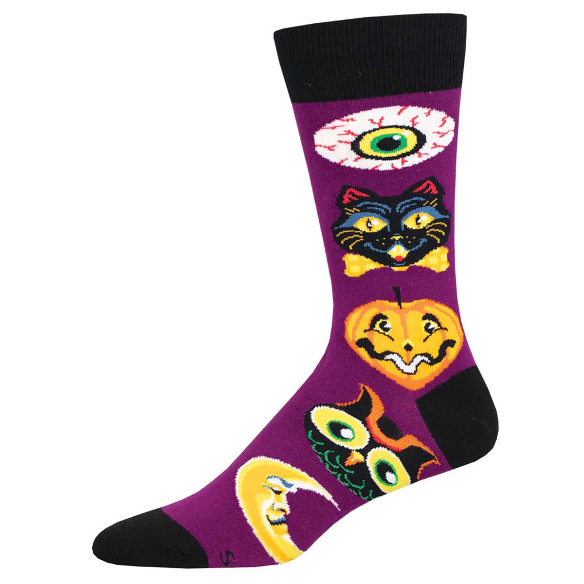 A pair of purple, black, and orange crew socks with Halloween-themed graphics including an eyeball, a black cat, and a pumpkin.